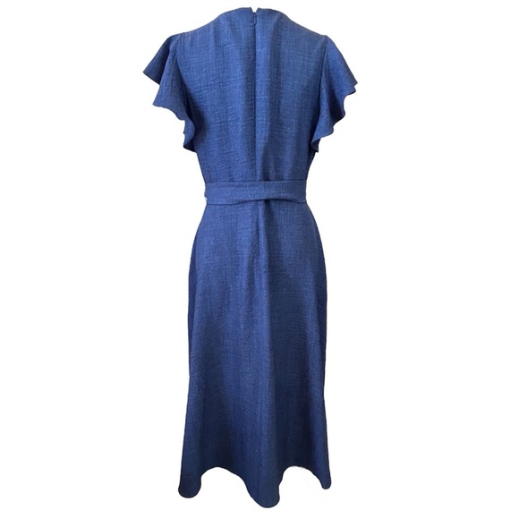 DKNY Womens 8 Midi Dress Blue Pleated V-Neckline Flutter Sleeves Office Party - Picture 2 of 9